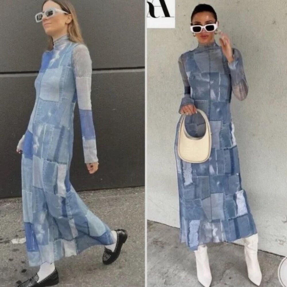 New ZARA Denim Blue Patchwork Tulle Dress Blue Sheer Long Sleeve size S